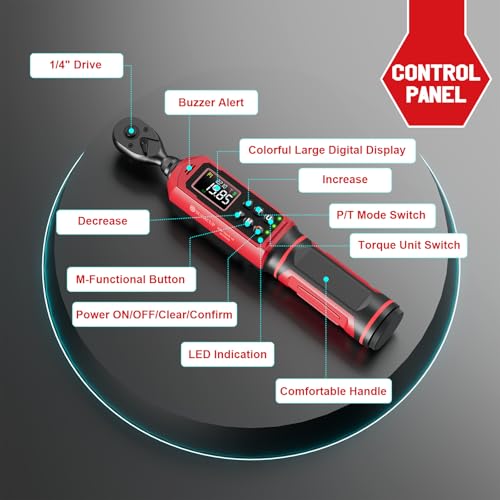 SUERCUP 1/4" Digital Torque Wrench, 0.33-22.1Ft.Lb/0.45-30N.m, for Bicycle | ±1% Accuracy Electronic Torque Wrench with Vibration/Buzzer/LED Flash, 9 Presets & 5 Units, for Carbon Bike & Moto Assembly - size: 1/4" 0.33-22.1Ft.Lb/0.45-30N.m