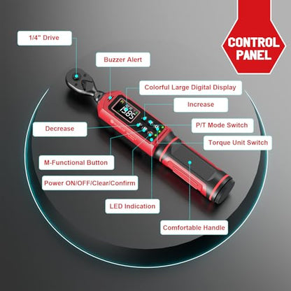 SUERCUP 1/4" Digital Torque Wrench, 0.33-22.1Ft.Lb/0.45-30N.m, for Bicycle | ±1% Accuracy Electronic Torque Wrench with Vibration/Buzzer/LED Flash, 9 Presets & 5 Units, for Carbon Bike & Moto Assembly - size: 1/4" 0.33-22.1Ft.Lb/0.45-30N.m