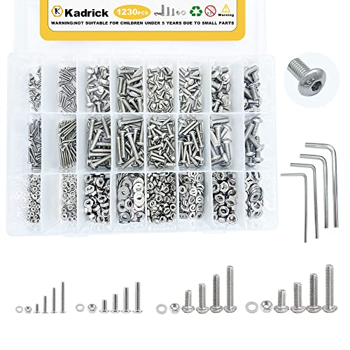 Kadrick 304 Stainless Steel Screws,1230 Pcs M2 M3 M4 M5 Metric Screw Aassortment,4mm-20mm Hex Socket Button Head Cap Bolts Nuts Washers Kit with 4 Hex Wrenches - size: SS M2-M5 1230Pcs