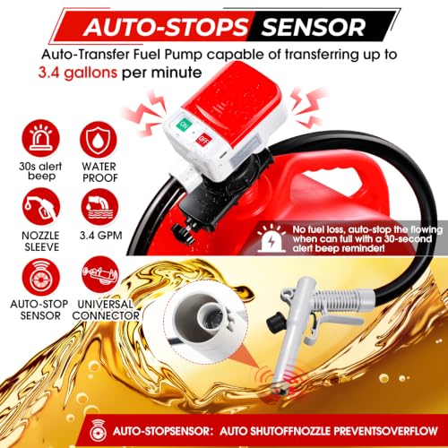 Fuel Transfer Pump with Auto-Stop Sensor-30s Alert Beep,3.4GPM USB & AA Battery Powered, 51" Upgraded Vinyl Hose, 4 Tank Adapters &Universal Multi-Tank Adapter for Gasoline, Diesel,Oil - color: Red&Black