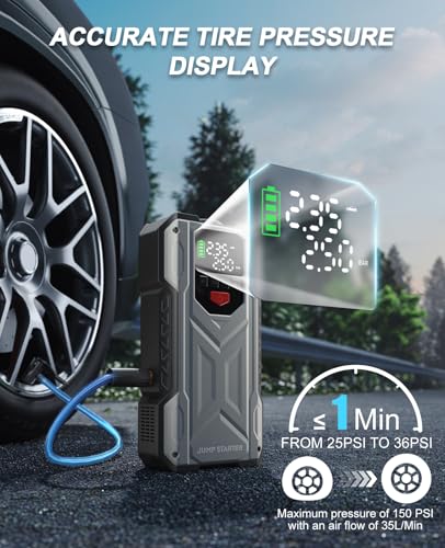 4000A Jump Starter with Air Compressor, Car Battery Charger for 12V Vehicles Up to 9.0 Gas&8.0L Diesel, 150PSI Auto-Shutoff Tire Inflator, Portable Battery Booster with Smart Jumper Cable, LED Lights
