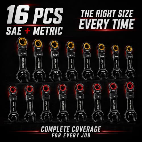 16PCS Stubby Flex Head Ratcheting Wrench Set, SAE & Metric Combination Gear Wrenches, 72-Tooth Short Handle Ratchet Spanner Set for Tight Spaces, Auto Repair & Garage Maintenance, 8-17mm & 5/16"-3/4"