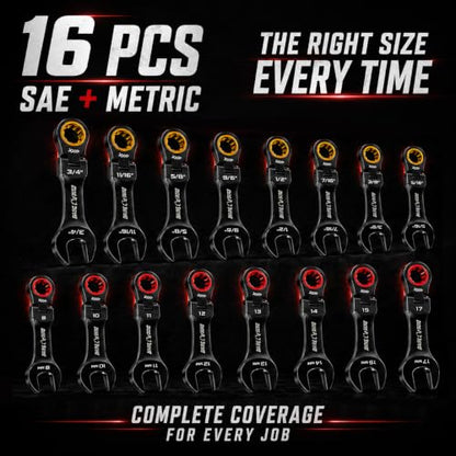 16PCS Stubby Flex Head Ratcheting Wrench Set, SAE & Metric Combination Gear Wrenches, 72-Tooth Short Handle Ratchet Spanner Set for Tight Spaces, Auto Repair & Garage Maintenance, 8-17mm & 5/16"-3/4"