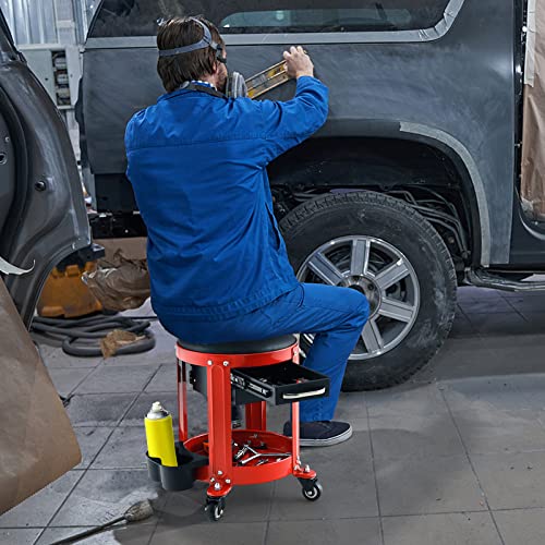 Nightcore Workshop Rolling Seat, Round Creeper Stool with Removable Cushion, Tool Tray, 2 Drawers & Twin Can Holders, Mechanic Roller with 4 Universal Casters for Garage, 300 Lbs Weight Capacity