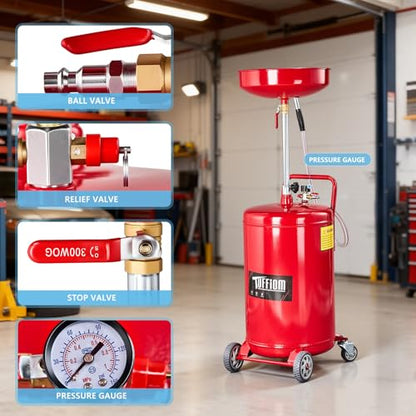 TUFFIOM 20 Gallon Waste Oil Drain Tank with Wheels & Handle, Adjustable Funnel Height Air-Operated Oil Drainer, Large Capacity Leak-Proof Oil Drain Container for Auto Fluids, Garage, Red