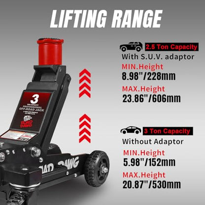 ROAD DAWG 3 Ton Big Wheel Off-Road Jack, Professional Aluminum and Steel Racing Floor Jack with Dual Pistons Quick Lift Pump, Lift for Trucks, SUVs, ATVs Off road Vehicles,6000lb Capacity, AT830006XDL
