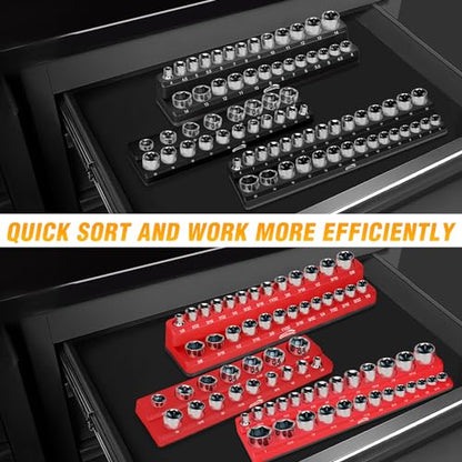 GOOACC Magnetic Socket Organizer Set, 6 Pieces Magnetic Socket Holder 1/2", 1/4", 3/8" Drive Metric & SAE Socket Tool Set, Socket Organizer Tray for Tool Box Drawer Holds 143 Standard Sockets - size: 6PCS SAE & Metric Red Black