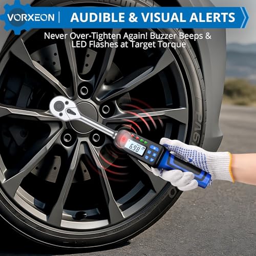 Digital Torque Wrench 3/8 inch Drive with Preset Value, Track and Peak Modes, LED and Buzzer Alerts, 4 Units of Measure for Bike Motorcycle Car, 4.9-99.6 Ft-Lb/6.8-135 Nm