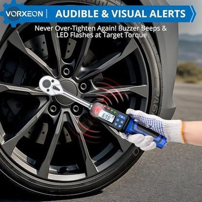 Digital Torque Wrench 3/8 inch Drive with Preset Value, Track and Peak Modes, LED and Buzzer Alerts, 4 Units of Measure for Bike Motorcycle Car, 4.9-99.6 Ft-Lb/6.8-135 Nm