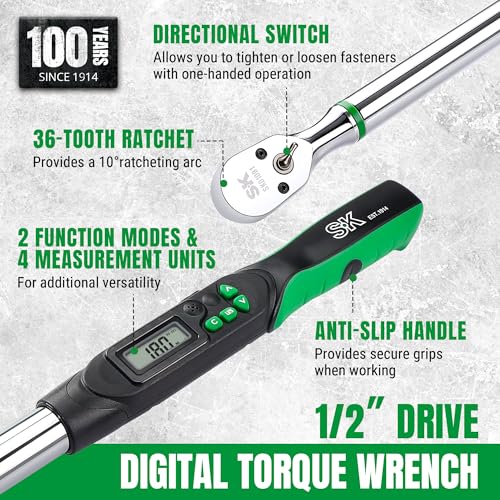 SK 1/2" Drive Digital Torque Wrench, 17 to 340 N-M, LED Display | Torquimetro, Four Units of Measure & Flash Notification - size: 1/2" Drive
