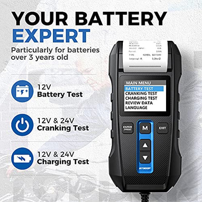 Car Battery Tester 12V 24V 100-2000CCA Lead-Acid Battery, TOPDON BT300P Alternator Tester, Load Tester, with Built-in Printer, Spark Free Metal Clamps, Automatic Reverse Polarity Protection