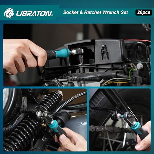 LIBRATON 26PCS 1/4" Drive Mini Socket & Ratchet Wrench Set with Bits, 4-14mm Metric Shallow Sockets, Mini Ratchet Set, Screwdriver Bit Set, Extension Bar, with Storage Case for DIY, Auto Repair