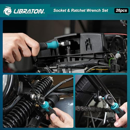 LIBRATON 26PCS 1/4" Drive Mini Socket & Ratchet Wrench Set with Bits, 4-14mm Metric Shallow Sockets, Mini Ratchet Set, Screwdriver Bit Set, Extension Bar, with Storage Case for DIY, Auto Repair