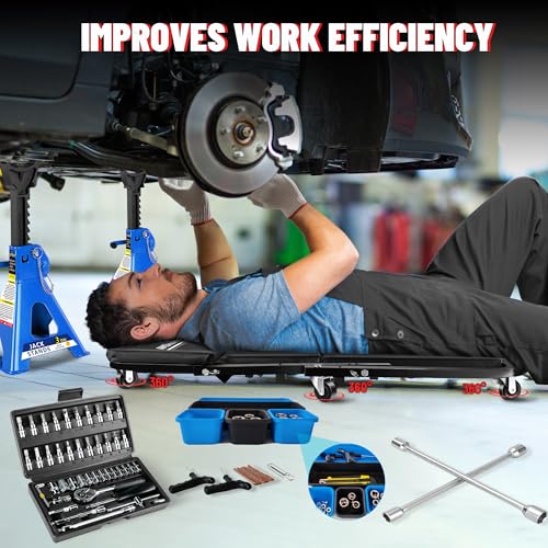 36" Folding Creeper with Tire Kit & 5 Boxes, 330 LBS, 6 Casters | Steel folding creeper converts to seat. Low 4.5" profile. Folds flat. 6 swivel casters. - color: Black with Tire Kit & Storage