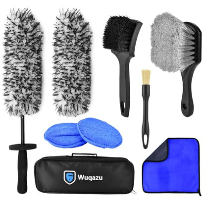 9PCS Pro Wheel Tire Cleaning Kit Replaceable Flat Scratch-Free Rim Brush | Dual-Bristle & Boar Hair,Dual-Material Pad Lint-Free Towel,Multi-Vehicle Pro Detailing Gift Kit - size: 9 PCS