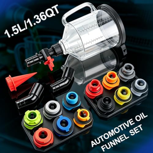 18-Piece Engine Oil Funnel Kit, 1.5QT/1.36L Oil Change kit with 12 Adapters & 2 Magnetic Adapter Organizer Boards