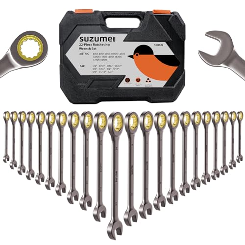 SUZUME 22-Piece Ratchet Wrenches Set Metric & SAE for Auto Car Moto Bike | 6-18mm & 1/4”-3/4” CR-V 72-Tooth with Organizer Box Combination Wrench Sets for Workshop Stubborn Fastener Mechanic DIYer - size: 22-Piece, style: Metric and SAE