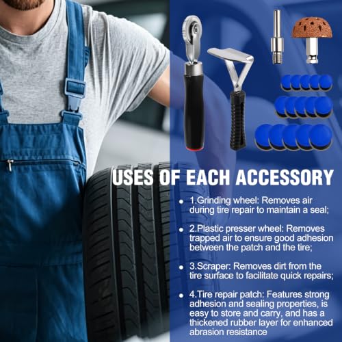 34PCS Tire Repair Patch Tools Tungsten Buffing Wheel, Tire Patch Roller with Twist Drill Bits for Vehicle Inner Liner Scraper, Roller for Car Motorcycle Bike Tractors Grinding