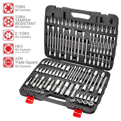 CARBYNE 114-Piece Master Metric & SAE Hex (Allen), Torx and XZN Triple Square Bit Socket Set | S2 Steel Bits, CrV Steel Sockets, Corrosion Resistance, Durable Case | 1/4", 3/8" & 1/2" Dr.