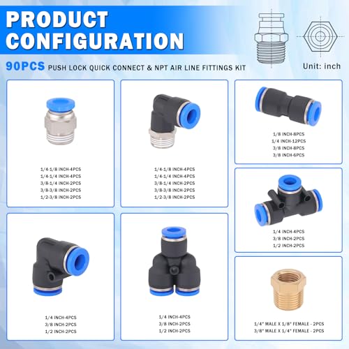 90 Pcs Quick Connect Air Line Fittings Kit Pneumatic Push Lock Air Fittings 1/8",1/4",3/8",1/2" Push to Connect & NPT Thread Air Hose Fittings Quick Release Airline Fitting Kit - color: Black-90PCS