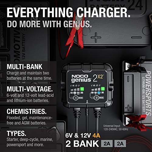 NOCO GENIUS2X2: 4A 2-Bank SmartBattery Charger(2A/Bank)6V/12V Automatic Maintainer,Trickle Charger & Desulfator with Overcharge Protection & Temperature Compensation for Lead-Acid & Lithium(Pack of 2) - size: 4A (2A per Bank) (Pack of 2)