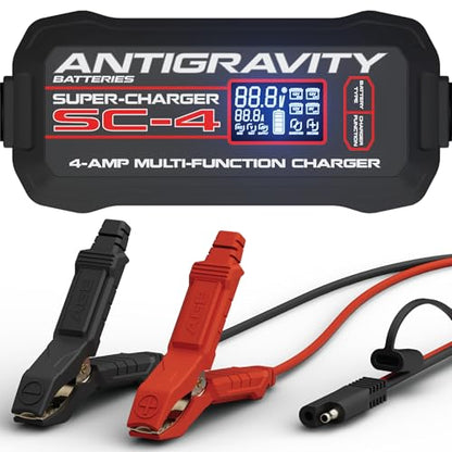 Antigravity SC-4 Super-Charger 4A Smart Battery Charger & Maintainer for 6V/12V Lithium (LiFePO4) & 12V Lead-Acid Batteries – Wall-Powered, LCD Display, Voltage Tester, BMS Reset