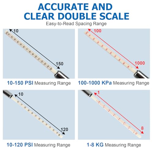 Tire Gauge for Semi Truck Straight-on Pencil Gauge with Tread Depth Gauge | Heavy Duty Dual Head Tire Pressure Gauge,10-150PSI 10-120PSI Pencil Tire Checker Extended Tube for Semi Truck Car