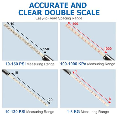 Tire Gauge for Semi Truck Straight-on Pencil Gauge with Tread Depth Gauge | Heavy Duty Dual Head Tire Pressure Gauge,10-150PSI 10-120PSI Pencil Tire Checker Extended Tube for Semi Truck Car