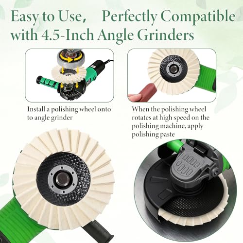 12 Pcs Thicken Wool Polishing Wheel Disc and Polishing Compounds Kit | Arbor Buffing Wheel 3 Buffing Compound 4-1/2" x 7/8" Felt Flap Disc for Angle Grinder Multi Surface Metal Wood Automotive