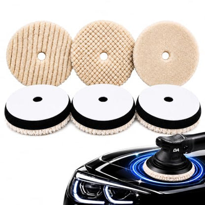 6 Inch Wool Buffing Pads, 3PCS Wool Cutting & Polishing Pad Kit for DA Polisher, Low Lint Paint Correction Pads