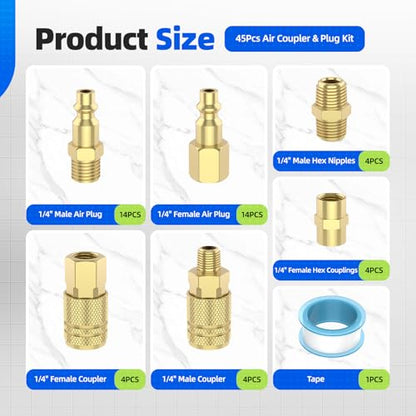 45Pcs Air Coupler & Plug Kit, Hoodutric 1/4" NPT Air Hose Fittings,Quick Connect Air Tool Fittings,Industrial Grade M/D Type Air Compressor Accessories
