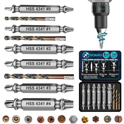 DOAHO 9 PCS Damaged Screw Extractor Set,6 PCS HSS 4341 Screw Extractor Remover Kit and 3 PCS Twist Drill Bit Kit for Stripped Screws & Drill Bit Tools,Holiday or Birthday Gift for Men