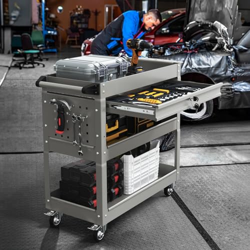 3-Tier Rolling Utility Cart, Metal Tool Cart on Wheels with Lockable-Gray | 330 lb. Load Capability Heavy Duty Tool Cart with Drawers, Mechanic Tool Cart for Garage, Warehouse, Repair Shop - color: Gray