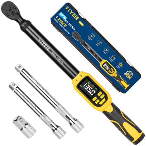 YIYEIE Digital Torque Wrench 3/8" Drive | 5-99.5 ft-lb | ±1% Accuracy | Smart Alert Multi | Electric Torque Wrench Digital for Bike/Moto/Auto, 2 Extension Bars Reach Tight Spaces