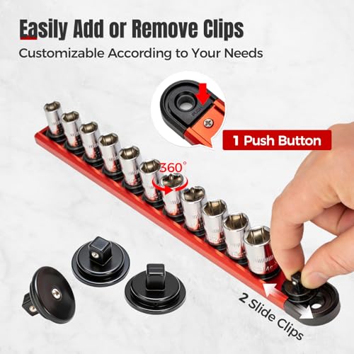 6PC Magnetic Socket Organizer Set, 1/2" 3/8" 1/4" Drive | Aluminum Alloy Socket Holder with Removable Socket Clips for Quick Customization, Socket Rail for Tool Box Drawer