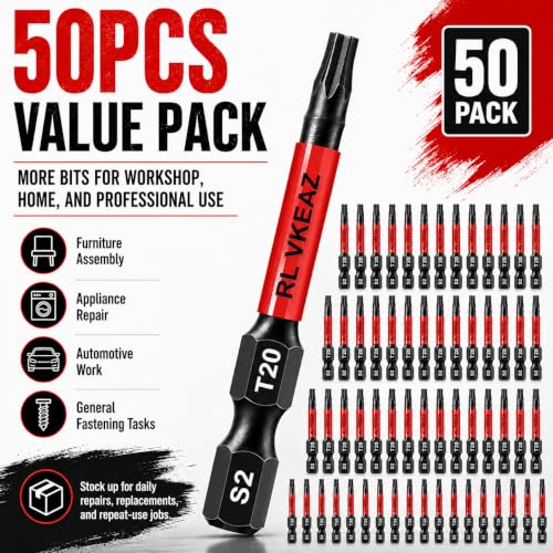 50-Pack T20 Torx Bit, RLVKEAZ 2-Inch Magnetic T20 Bits for Impact Driver | S2 Alloy Steel T20 Star Bits for Drill, CNC-Machined Tips, 1/4-Inch Hex Shank for DIY Woodworking and Furniture Assembly - style: T-20 50-piece supply of 2-inch magnetic T20 Torx b