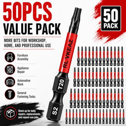 50-Pack T20 Torx Bit, RLVKEAZ 2-Inch Magnetic T20 Bits for Impact Driver | S2 Alloy Steel T20 Star Bits for Drill, CNC-Machined Tips, 1/4-Inch Hex Shank for DIY Woodworking and Furniture Assembly - style: T-20 50-piece supply of 2-inch magnetic T20 Torx b