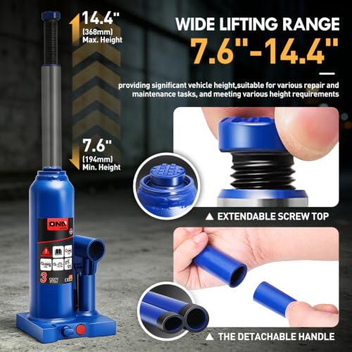 DNA Motoring 3 tons / 6000 lbs Lifting Automotive Welded Hydraulic Bottle Jack for Car SUV Pickup Truck, Auto Repair, with Manual Handle & Carrying Storage Case, Blue - color: blue, style: 3 ton