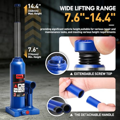 DNA Motoring 3 tons / 6000 lbs Lifting Automotive Welded Hydraulic Bottle Jack for Car SUV Pickup Truck, Auto Repair, with Manual Handle & Carrying Storage Case, Blue - color: blue, style: 3 ton