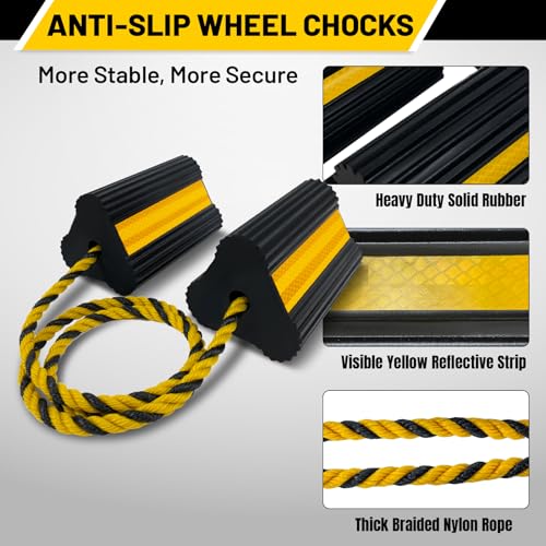 ROBLOCK Wheel Chocks (2pair/4pack with Rope) for RV Trailer Camper Truck Car Aircraft, Versatile Heavy Duty Rubber Wheel Chocks Block with 3 Reflective Strips, Tire Wheel Immobilizers & Chocks