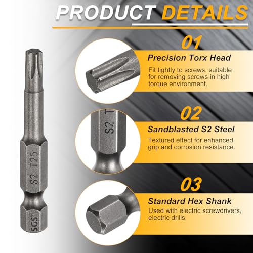 HARFINGTON 10pcs T25 Torx Head Screwdriver Bit 1/4" Hex Shank 2" (50mm) Long Magnetic No Hole Tip Tamper Proof 6 Point Star Screw Driver Drill Bits S2 Steel Industrial Power Screwdrivers - size: T25 x 2"