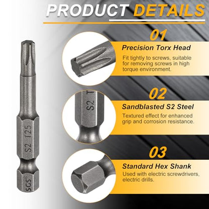 HARFINGTON 10pcs T25 Torx Head Screwdriver Bit 1/4" Hex Shank 2" (50mm) Long Magnetic No Hole Tip Tamper Proof 6 Point Star Screw Driver Drill Bits S2 Steel Industrial Power Screwdrivers - size: T25 x 2"