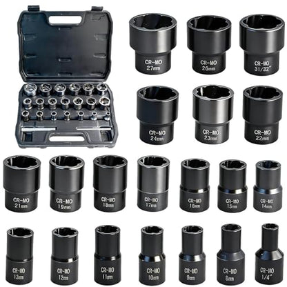 22Pcs Bolt Nut Extractor Kit, 1/2" & 3/8" Drive Extractor Socket Set, Impact Lug Nut Remover Tool Wheel Lock Removal Kit for Stripped Damaged Frozen Nuts and Screws with Storage Case