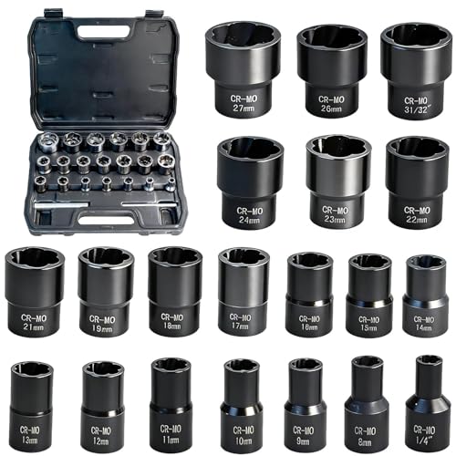 22Pcs Bolt Nut Extractor Kit, 1/2" & 3/8" Drive Extractor Socket Set, Impact Lug Nut Remover Tool Wheel Lock Removal Kit for Stripped Damaged Frozen Nuts and Screws with Storage Case