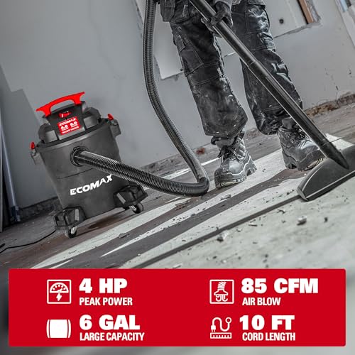 ECOMAX Wet Dry Vacuum 6 Gallon, 4 HP 85 CFM 3-in-1 Shop Vac with Suction/Blow/Wet Dry Function, Heavy-Duty Portable Poly Wet/Dry Vac Car Vacuum for Workshop, Jobsite, Garage and Home Cleaning