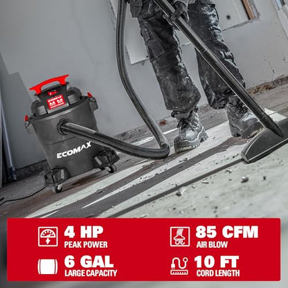 ECOMAX Wet Dry Vacuum 6 Gallon, 4 HP 85 CFM 3-in-1 Shop Vac with Suction/Blow/Wet Dry Function, Heavy-Duty Portable Poly Wet/Dry Vac Car Vacuum for Workshop, Jobsite, Garage and Home Cleaning