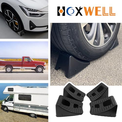 HOXWELL 4 Packs Wheel Chocks for Travel Trailers, Non Slip Black Wheel Chock Stackable, Lightweight Wheel Stoppers for Cars Campers Trucks RVs, 8.1"×6.1"×4.5", Black