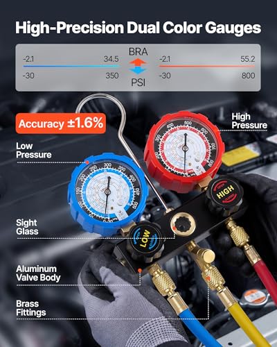 VEVOR AC Manifold Gauge Set for R134a R404A R1234yf R22 Refrigerant, 3 Way AC Gauge with 5 ft Hoses, Adapters, Quick Couplers, Can Taps for Automotive Air Conditioning Maintenance, Charging Evacuation - size: R134a/R404A/R1234yf/R22, style: 3 Way with Box