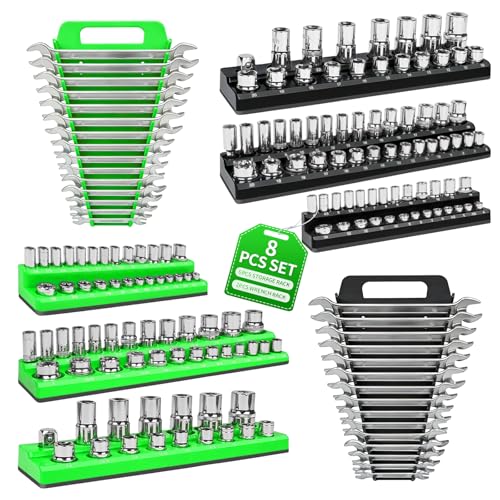 8 Piece Magnetic Socket Organizer Set, 1/4", 3/8", 1/2" Drive Metric and SAE Socket Holder Trays, Socket Organizer for Tool Box Drawer, Garage, Workbench and Mechanic Cart, Black and Green