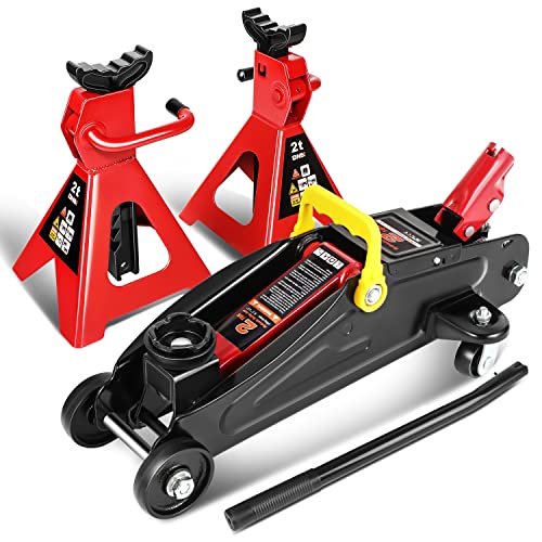 DNA Motoring 2 Ton Car Jack and Stands Kit Red/Black | 2T(4000 lbs) Capacity Low Profile Hydraulic Trolley Service/Floor Jack with 2 Ratchet Stands Combo for Home Garage Shop - color: Red Black